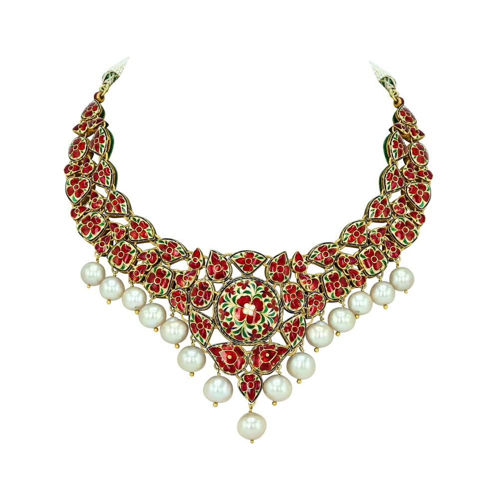 Polki Necklace with Green Enamel and Southsea Pearls